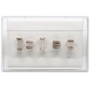 Noelle Hamlyn, sculpture (salt encrusted spools of thread in a plexiglass display case)