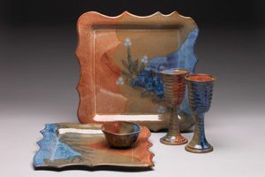 Deborah Doran, square slab trays with goblets, stoneware