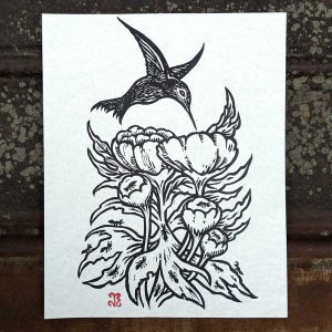 John Richer, relief print of peonies with hummingbird and ants