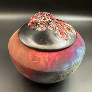 Mary Goh, Raku fired lidded pot with carp handle